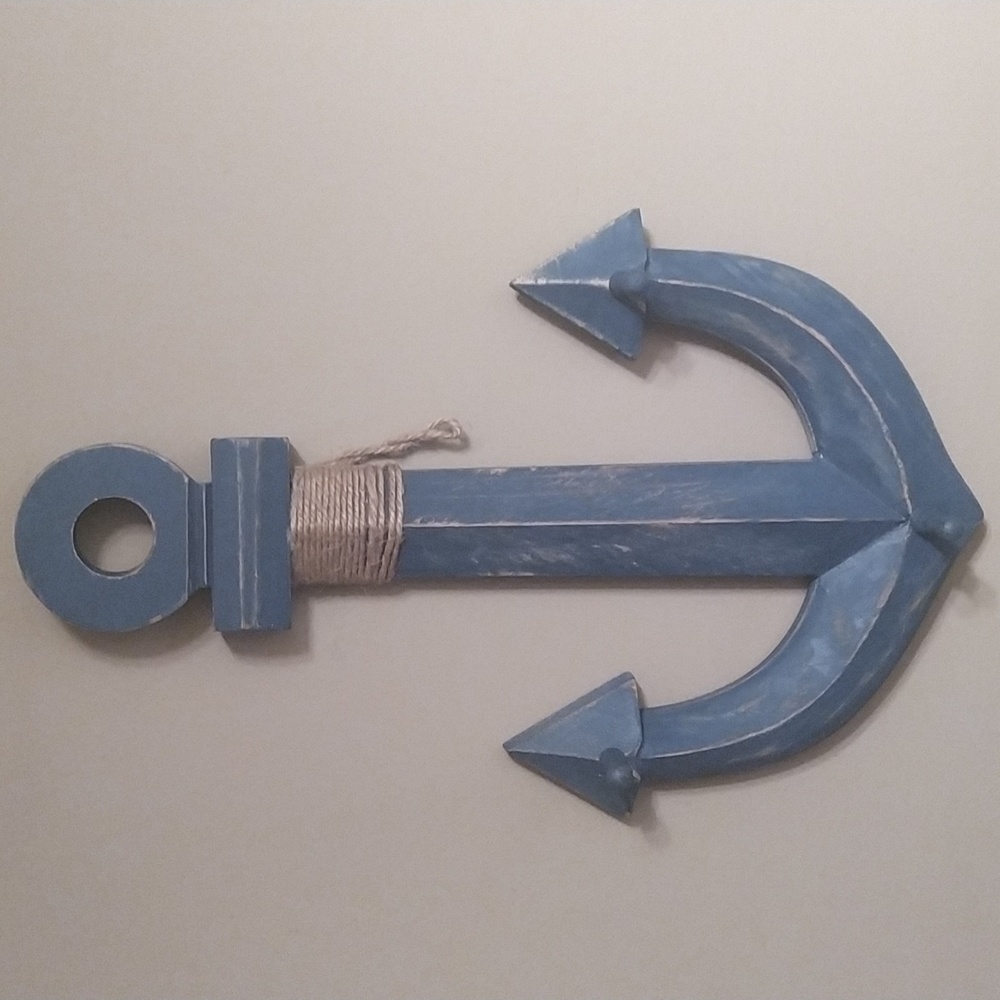 Wood Anchor Wall Decor with 3 dowel pegs and rope accent - Nautical Blue